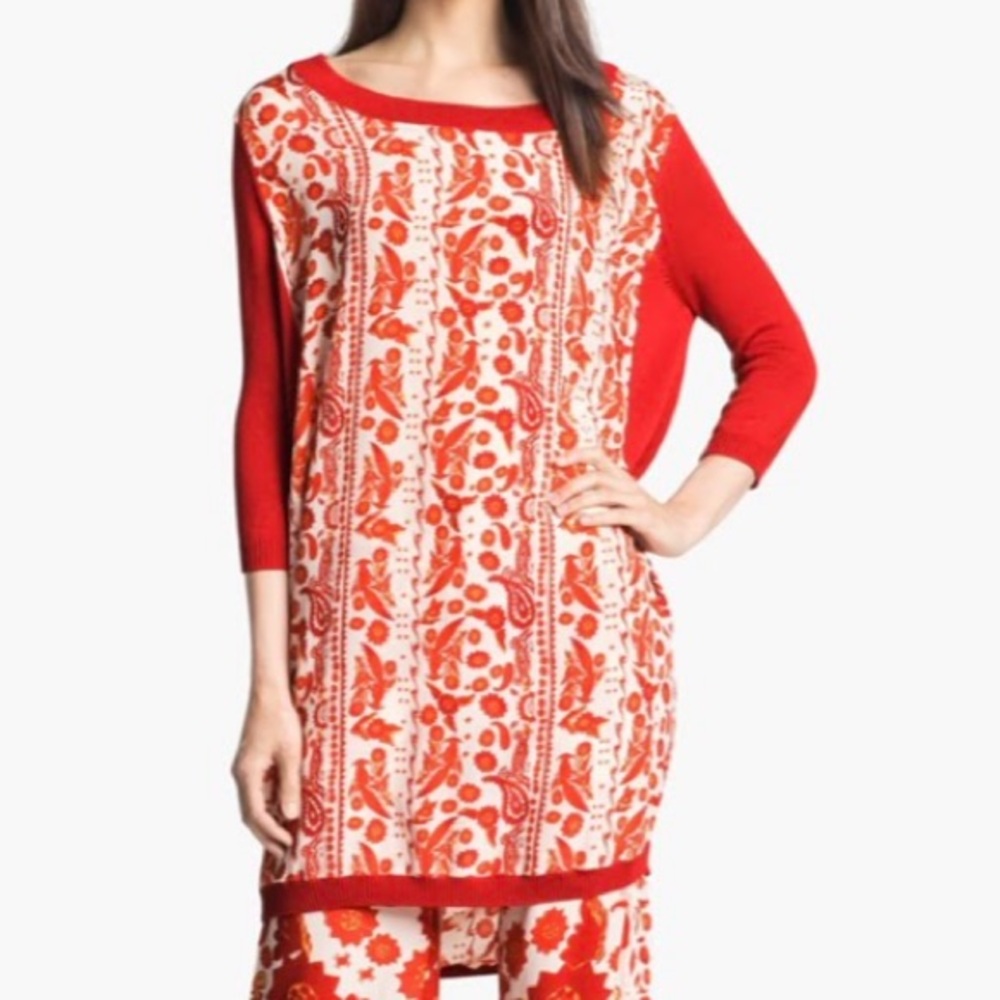 Rebecca Minkoff Red Chiffon Bird Print Sweater